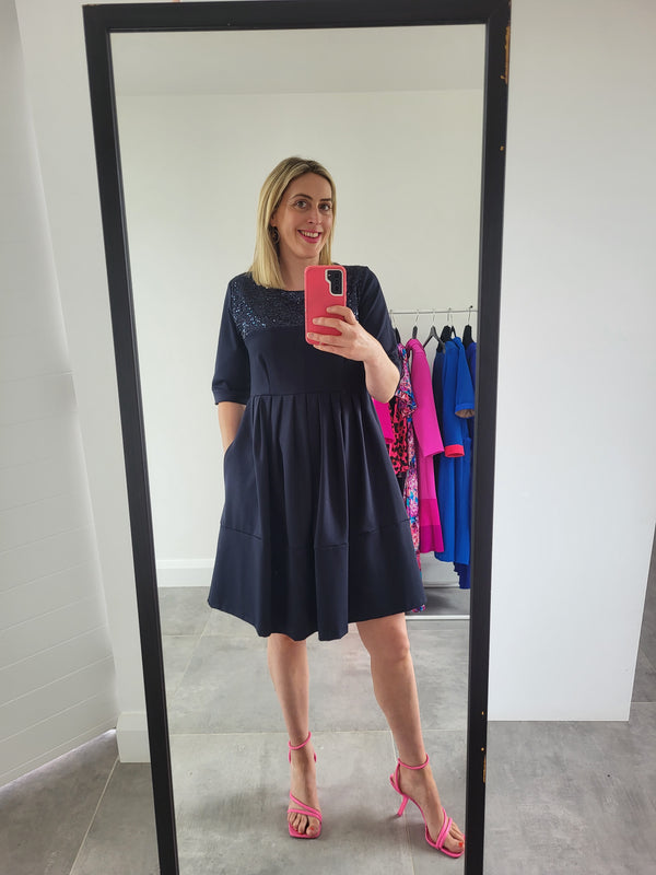 Phoebe dress in Navy jersey with sequins