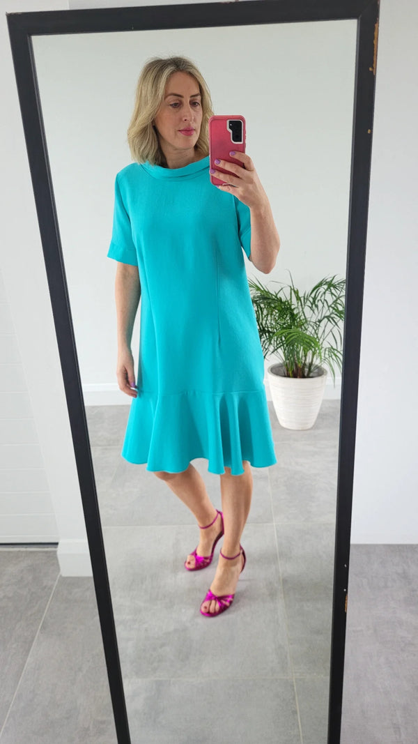 Carmen shift dress with roll collar turquoise 14